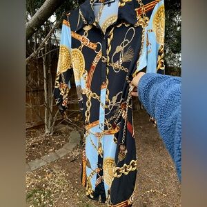 Fashion Nova gold chains equestrian RLL mini 3/4 sleeve shirt collar dress OS L